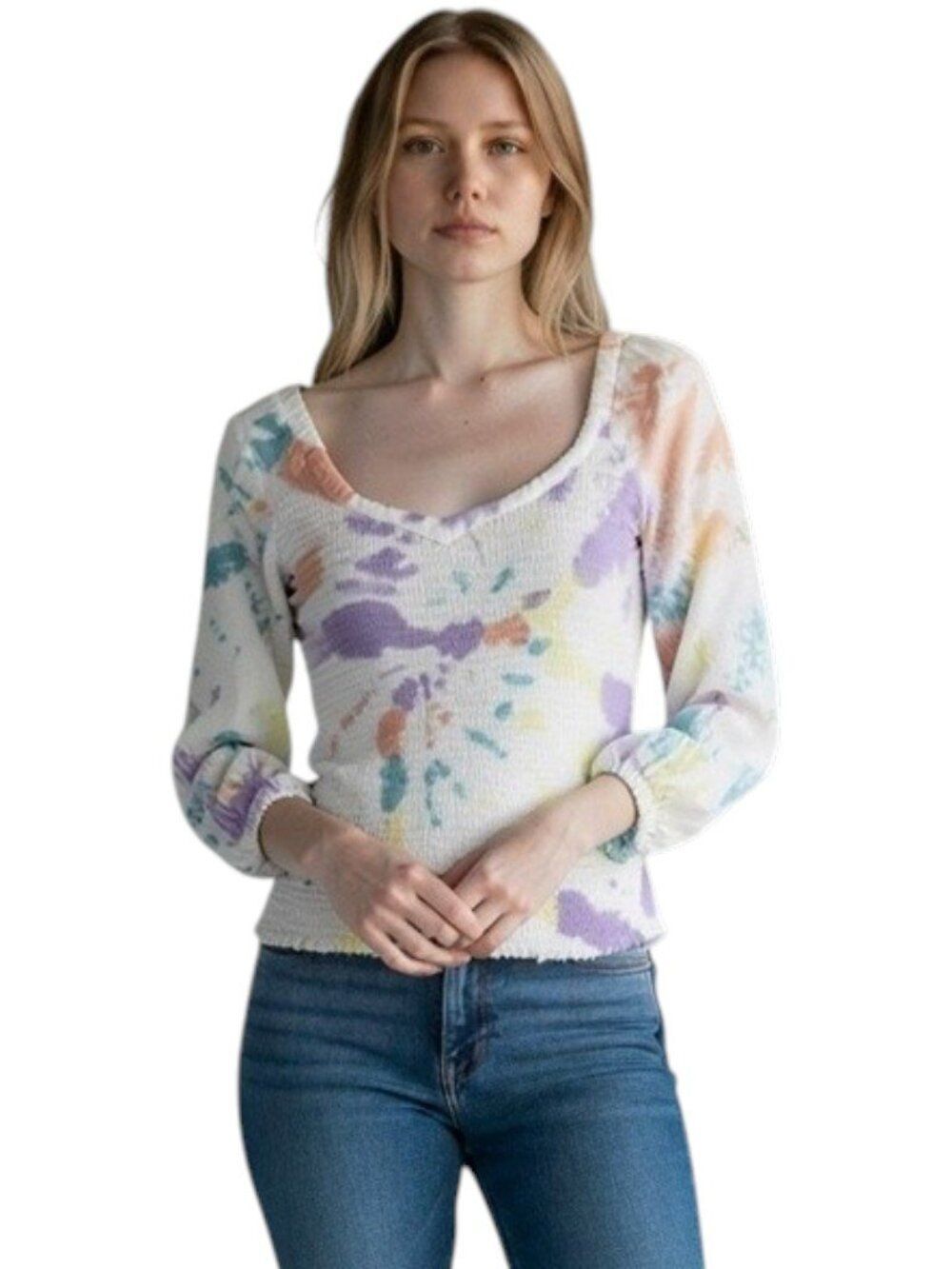 Chaser Tie Dye Smocked Crop Top Balloon Sleeve V Neck Pastel Multicolor Boho S